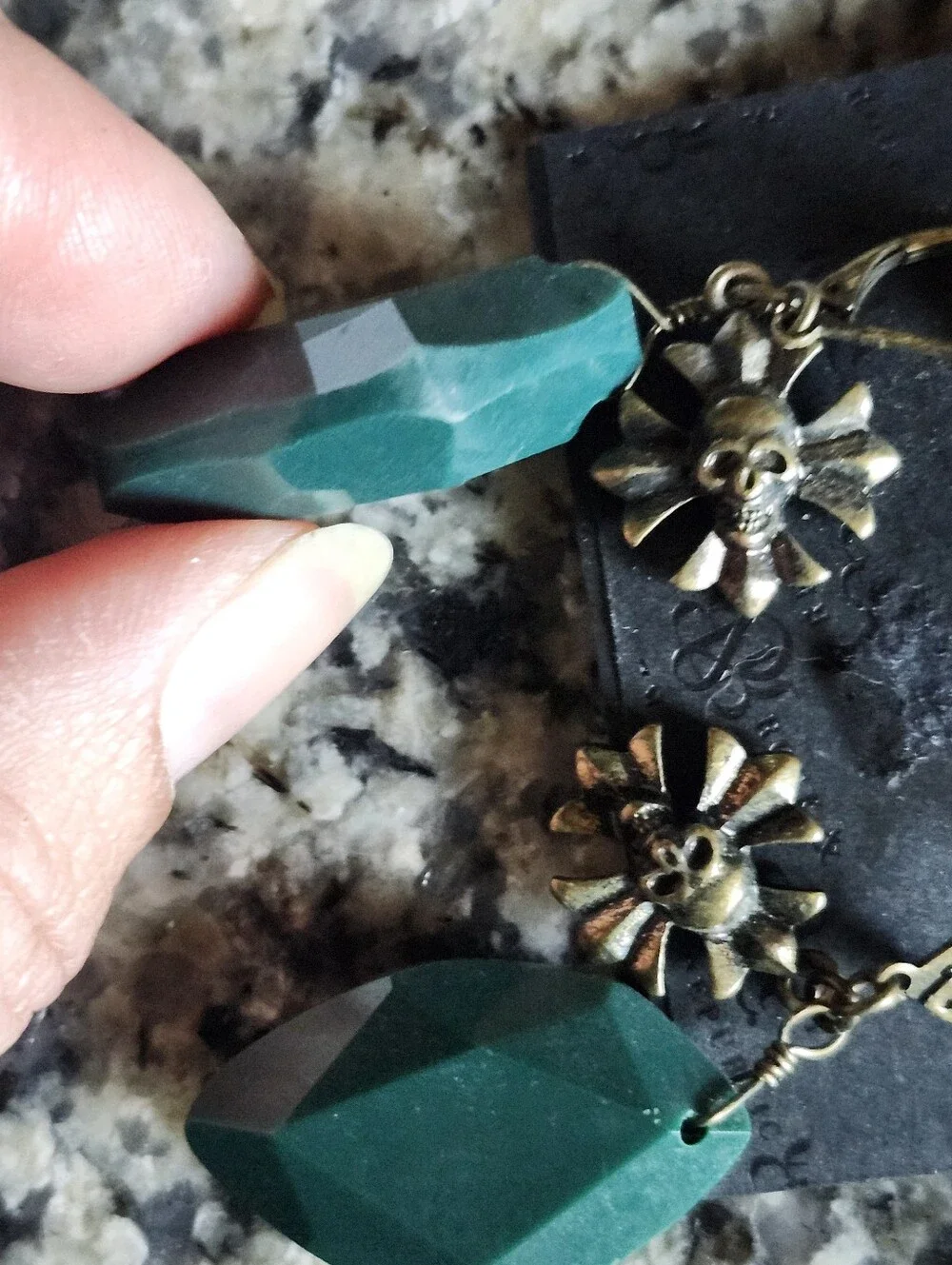 Rock & Republic Teal Faceted Teardrop Earrings with Skull Flower Accents